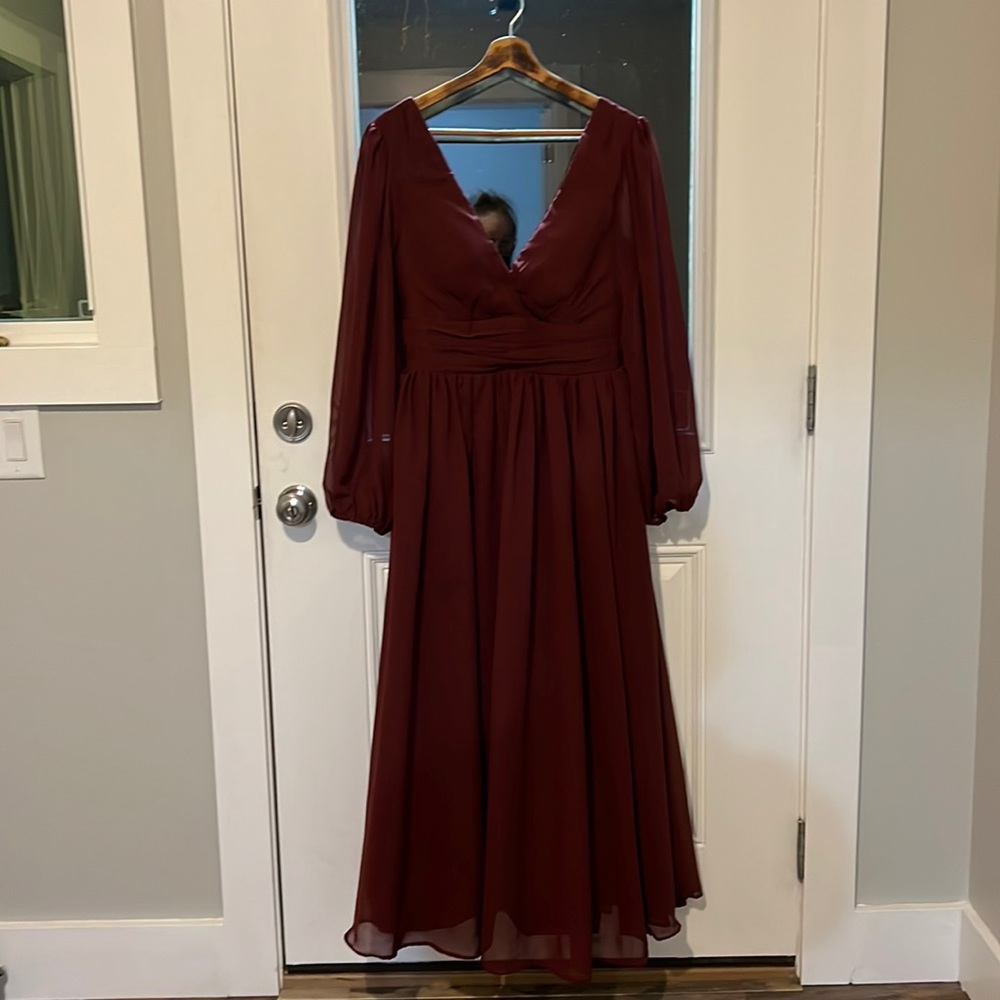 Bridesmaid dress size 10 burgundy long sleeve with leg slit